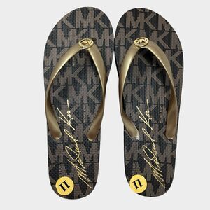 Michael Kors Jet Set Womens 11 Brown Flip Flops Gold Sandals Beach PVC Signature